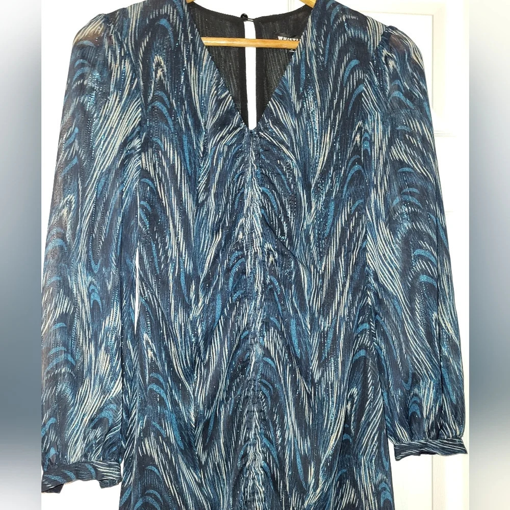 WHISTLES Blue Wave Ruched‎ Dress Size 4 Teal Black Long Sleeve Metallic Glam
